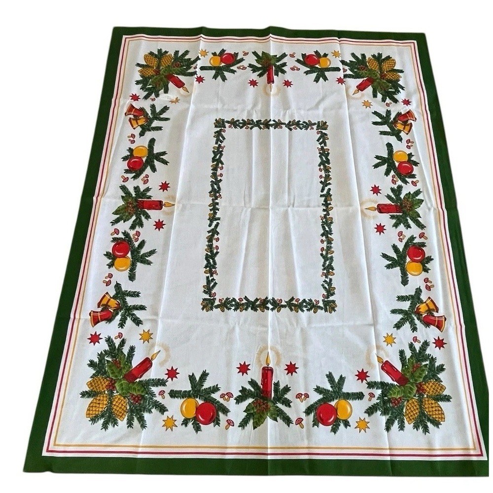 Vintage‎ Christmas Tablecloth NOS Candle Mushroom Ornament Pinecone Green Border